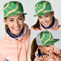 Green Palaka Hawaii Mele Kalikimaka Mesh Trucker Cap Ohia Lehua Monstera Puakenikeni Lei - Polynesian Pride