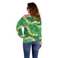 Green Palaka Hawaii Mele Kalikimaka Off Shoulder Sweater Ohia Lehua Monstera Puakenikeni Lei - Polynesian Pride