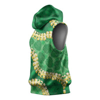 Green Palaka Hawaii Mele Kalikimaka Sleeveless Hoodie Ohia Lehua Monstera Puakenikeni Lei - Polynesian Pride