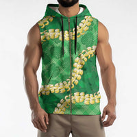 Green Palaka Hawaii Mele Kalikimaka Sleeveless Zip Hoodie Ohia Lehua Monstera Puakenikeni Lei - Polynesian Pride