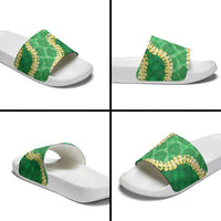 Green Palaka Hawaii Mele Kalikimaka Slide Sandals Ohia Lehua Monstera Puakenikeni Lei LT14 - Polynesian Pride