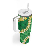 Green Palaka Hawaii Mele Kalikimaka Tumbler With Handle Ohia Lehua Monstera Puakenikeni Lei - Polynesian Pride