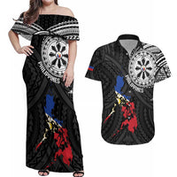 Philippines Strong Couples Matching Off Shoulder Maxi Dress and Hawaiian Shirt Filipino Map Polynesian Tattoo LT14 Black - Polynesian Pride