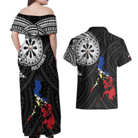 Philippines Strong Couples Matching Off Shoulder Maxi Dress and Hawaiian Shirt Filipino Map Polynesian Tattoo LT14 - Polynesian Pride