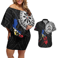 Philippines Strong Couples Matching Off Shoulder Short Dress and Hawaiian Shirt Filipino Map Polynesian Tattoo LT14 Black - Polynesian Pride