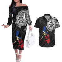 Philippines Strong Couples Matching Off The Shoulder Long Sleeve Dress and Hawaiian Shirt Filipino Map Polynesian Tattoo - Polynesian Pride