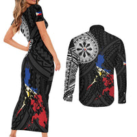 Philippines Strong Couples Matching Short Sleeve Bodycon Dress and Long Sleeve Button Shirt Filipino Map Polynesian Tattoo LT14 - Polynesian Pride