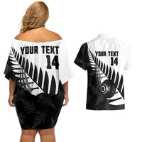 New Zealand Lawn Bowls Custom Couples Matching Off Shoulder Short Dress and Hawaiian Shirt Aotearoa Silver Fern - Polynesian Pride