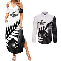 New Zealand Lawn Bowls Custom Couples Matching Summer Maxi Dress and Long Sleeve Button Shirt Aotearoa Silver Fern LT14 Black - Polynesian Pride