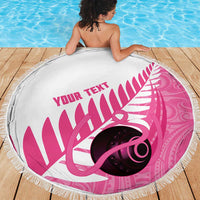 New Zealand Lawn Bowls Breast Cancer Custom Beach Blanket Aotearoa Maori Silver Fern Pink Ribbon - Polynesian Pride