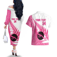New Zealand Lawn Bowls Breast Cancer Custom Couples Matching Off The Shoulder Long Sleeve Dress and Hawaiian Shirt Aotearoa Maori Silver Fern Pink Ribbon LT14 - Polynesian Pride