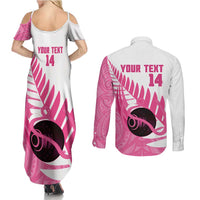 New Zealand Lawn Bowls Breast Cancer Custom Couples Matching Summer Maxi Dress and Long Sleeve Button Shirt Aotearoa Maori Silver Fern Pink Ribbon LT14 - Polynesian Pride
