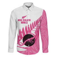 New Zealand Lawn Bowls Breast Cancer Custom Family Matching Long Sleeve Bodycon Dress and Hawaiian Shirt Aotearoa Maori Silver Fern Pink Ribbon LT14 Dad's Shirt - Long Sleeve Pink - Polynesian Pride