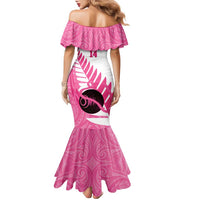New Zealand Lawn Bowls Breast Cancer Custom Family Matching Mermaid Dress and Hawaiian Shirt Aotearoa Maori Silver Fern Pink Ribbon - Polynesian Pride