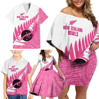 New Zealand Lawn Bowls Breast Cancer Custom Family Matching Off Shoulder Short Dress and Hawaiian Shirt Aotearoa Maori Silver Fern Pink Ribbon - Polynesian Pride