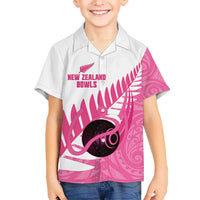 New Zealand Lawn Bowls Breast Cancer Custom Family Matching Off Shoulder Short Dress and Hawaiian Shirt Aotearoa Maori Silver Fern Pink Ribbon LT14 Son's Shirt Pink - Polynesian Pride