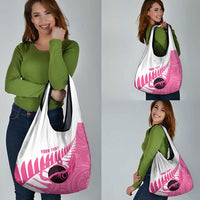 New Zealand Lawn Bowls Breast Cancer Custom Grocery Bag Aotearoa Maori Silver Fern Pink Ribbon - Polynesian Pride