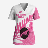 New Zealand Lawn Bowls Breast Cancer Custom Scrub Top Aotearoa Maori Silver Fern Pink Ribbon - Polynesian Pride