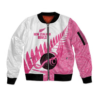 New Zealand Lawn Bowls Breast Cancer Custom Sleeve Zip Bomber Jacket Aotearoa Maori Silver Fern Pink Ribbon - Polynesian Pride