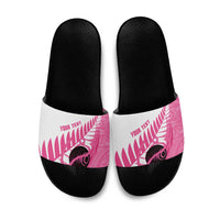 New Zealand Lawn Bowls Breast Cancer Custom Slide Sandals Aotearoa Maori Silver Fern Pink Ribbon - Polynesian Pride