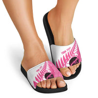 New Zealand Lawn Bowls Breast Cancer Custom Slide Sandals Aotearoa Maori Silver Fern Pink Ribbon - Polynesian Pride