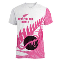 New Zealand Lawn Bowls Breast Cancer Custom Women V-Neck T-Shirt Aotearoa Maori Silver Fern Pink Ribbon - Polynesian Pride