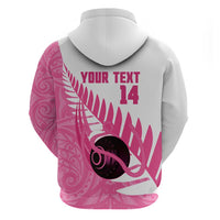 New Zealand Lawn Bowls Breast Cancer Custom Zip Hoodie Aotearoa Maori Silver Fern Pink Ribbon - Polynesian Pride