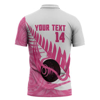 New Zealand Lawn Bowls Breast Cancer Custom Zipper Polo Shirt Aotearoa Maori Silver Fern Pink Ribbon - Polynesian Pride