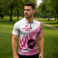New Zealand Lawn Bowls Breast Cancer Custom Zipper Polo Shirt Aotearoa Maori Silver Fern Pink Ribbon LT14 - Polynesian Pride