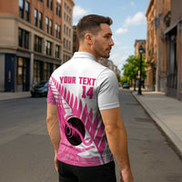 New Zealand Lawn Bowls Breast Cancer Custom Zipper Polo Shirt Aotearoa Maori Silver Fern Pink Ribbon - Polynesian Pride