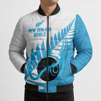 New Zealand Lawn Bowls Prostate Cancer Custom Bomber Puffer Jacket Aotearoa Maori Silver Fern Blue Ribbon LT14 - Polynesian Pride
