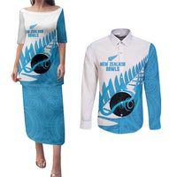 New Zealand Lawn Bowls Prostate Cancer Custom Couples Matching Puletasi and Long Sleeve Button Shirt Aotearoa Maori Silver Fern Blue Ribbon LT14 Blue - Polynesian Pride