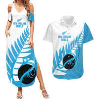 New Zealand Lawn Bowls Prostate Cancer Custom Couples Matching Summer Maxi Dress and Hawaiian Shirt Aotearoa Maori Silver Fern Blue Ribbon LT14 Blue - Polynesian Pride