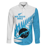 New Zealand Lawn Bowls Prostate Cancer Custom Family Matching Off The Shoulder Long Sleeve Dress and Hawaiian Shirt Aotearoa Maori Silver Fern Blue Ribbon LT14 Dad's Shirt - Long Sleeve Blue - Polynesian Pride