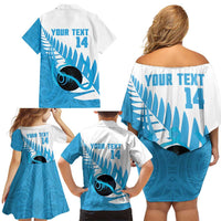 New Zealand Lawn Bowls Prostate Cancer Custom Family Matching Off Shoulder Short Dress and Hawaiian Shirt Aotearoa Maori Silver Fern Blue Ribbon - Polynesian Pride