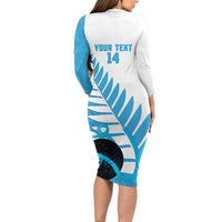 New Zealand Lawn Bowls Prostate Cancer Custom Long Sleeve Bodycon Dress Aotearoa Maori Silver Fern Blue Ribbon - Polynesian Pride