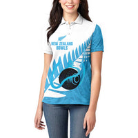 New Zealand Lawn Bowls Prostate Cancer Custom Women Polo Shirt Aotearoa Maori Silver Fern Blue Ribbon LT14 - Polynesian Pride