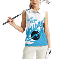 New Zealand Lawn Bowls Prostate Cancer Custom Women Sleeveless Polo Shirt Aotearoa Maori Silver Fern Blue Ribbon - Polynesian Pride