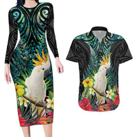 Sulphur-crested Cockatoo New Zealand Couples Matching Long Sleeve Bodycon Dress and Hawaiian Shirt Paua Shell Aotearoa Maori Tropical Flowers LT14 Black - Polynesian Pride