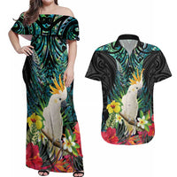 Sulphur-crested Cockatoo New Zealand Couples Matching Off Shoulder Maxi Dress and Hawaiian Shirt Paua Shell Aotearoa Maori Tropical Flowers LT14 Black - Polynesian Pride