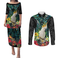 Sulphur-crested Cockatoo New Zealand Couples Matching Puletasi and Long Sleeve Button Shirt Paua Shell Aotearoa Maori Tropical Flowers - Polynesian Pride