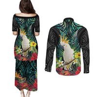 Sulphur-crested Cockatoo New Zealand Couples Matching Puletasi and Long Sleeve Button Shirt Paua Shell Aotearoa Maori Tropical Flowers - Polynesian Pride