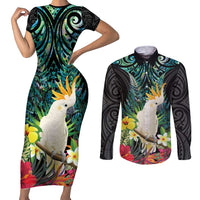 Sulphur-crested Cockatoo New Zealand Couples Matching Short Sleeve Bodycon Dress and Long Sleeve Button Shirt Paua Shell Aotearoa Maori Tropical Flowers LT14 Black - Polynesian Pride