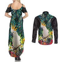Sulphur-crested Cockatoo New Zealand Couples Matching Summer Maxi Dress and Long Sleeve Button Shirt Paua Shell Aotearoa Maori Tropical Flowers LT14 - Polynesian Pride