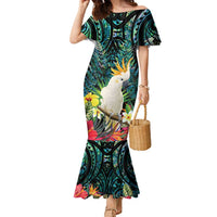 Sulphur-crested Cockatoo New Zealand Family Matching Mermaid Dress and Hawaiian Shirt Paua Shell Aotearoa Maori Tropical Flowers LT14 Mom's Dress Black - Polynesian Pride