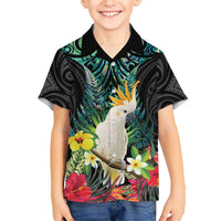 Sulphur-crested Cockatoo New Zealand Family Matching Mermaid Dress and Hawaiian Shirt Paua Shell Aotearoa Maori Tropical Flowers LT14 Son's Shirt Black - Polynesian Pride