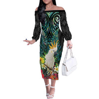 Sulphur-crested Cockatoo New Zealand Family Matching Off The Shoulder Long Sleeve Dress and Hawaiian Shirt Paua Shell Aotearoa Maori Tropical Flowers LT14 Mom's Dress Black - Polynesian Pride
