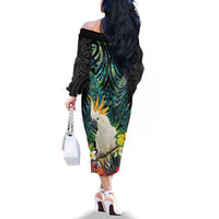 Sulphur-crested Cockatoo New Zealand Family Matching Off The Shoulder Long Sleeve Dress and Hawaiian Shirt Paua Shell Aotearoa Maori Tropical Flowers LT14 - Polynesian Pride
