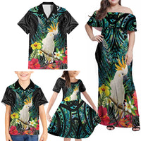Sulphur-crested Cockatoo New Zealand Family Matching Off Shoulder Maxi Dress and Hawaiian Shirt Paua Shell Aotearoa Maori Tropical Flowers LT14 - Polynesian Pride