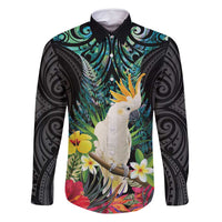 Sulphur-crested Cockatoo New Zealand Family Matching Off Shoulder Maxi Dress and Hawaiian Shirt Paua Shell Aotearoa Maori Tropical Flowers LT14 Dad's Shirt - Long Sleeve Black - Polynesian Pride